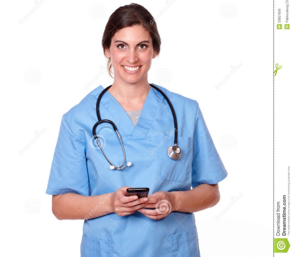 cropped-lovely-young-nurse-smiling-sending-text-portrait-looking-you-message-her-mobile-phone-against-white-background-338218391